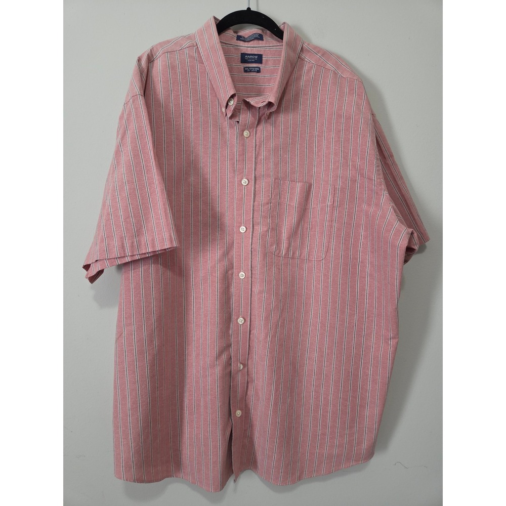 Arrow Mens 3XL Short Sleeve Button Down Shirt Red White Striped Cotton Blend